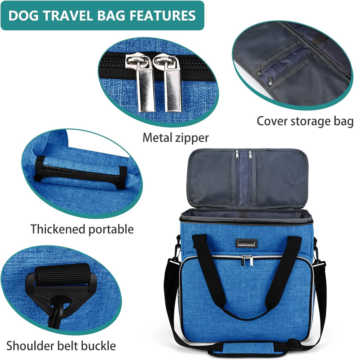 BAGLHER Dog Travel Bag, Pet Travel Bag (ALL Pet Travel Supplies), With 2 Pet Food Containers and 2