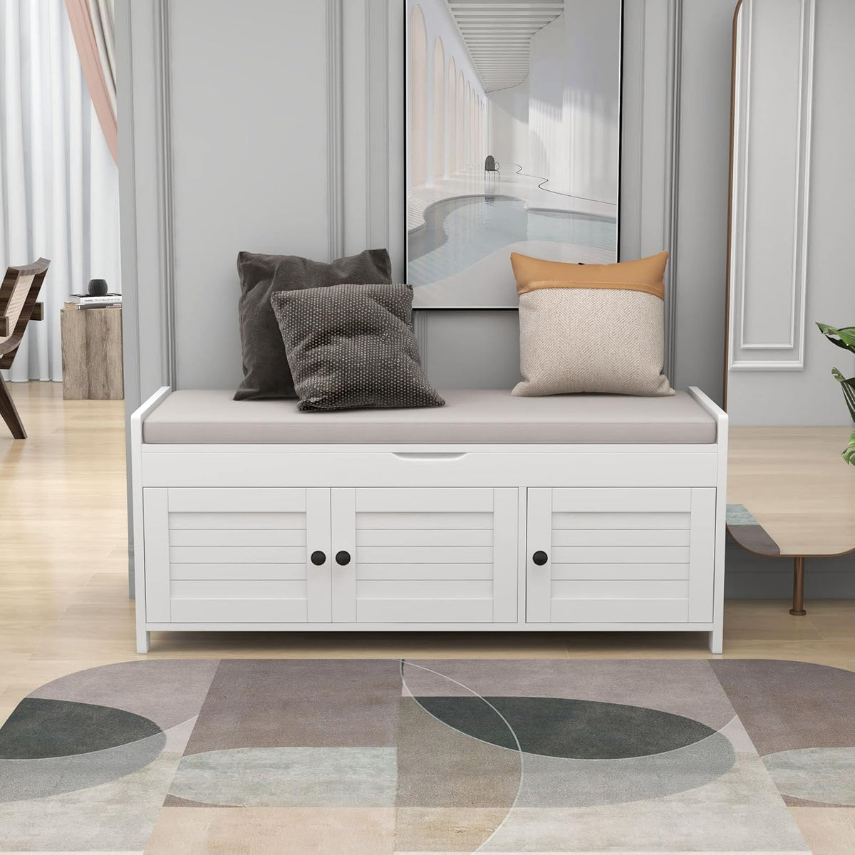Storage Bench with 3 Shutter-Shaped Doors, Pine Wood Shoe Bench with Removable Cushion and Hidden