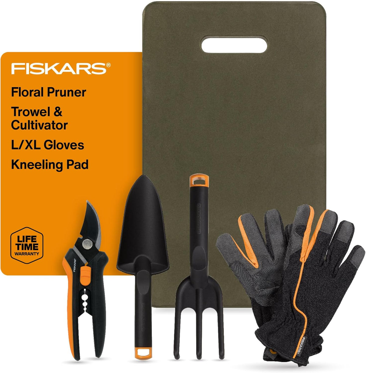Fiskars Flower Gardening Tool Gift Set with Floral Pruner, Trowel, Cultivator, Garden Gloves, and