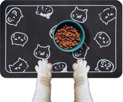 YCT Cat Food and Water Mat for Pets - Non-Slip Super Absorbent Dog Bowl Mat With Multiple Cat Heads