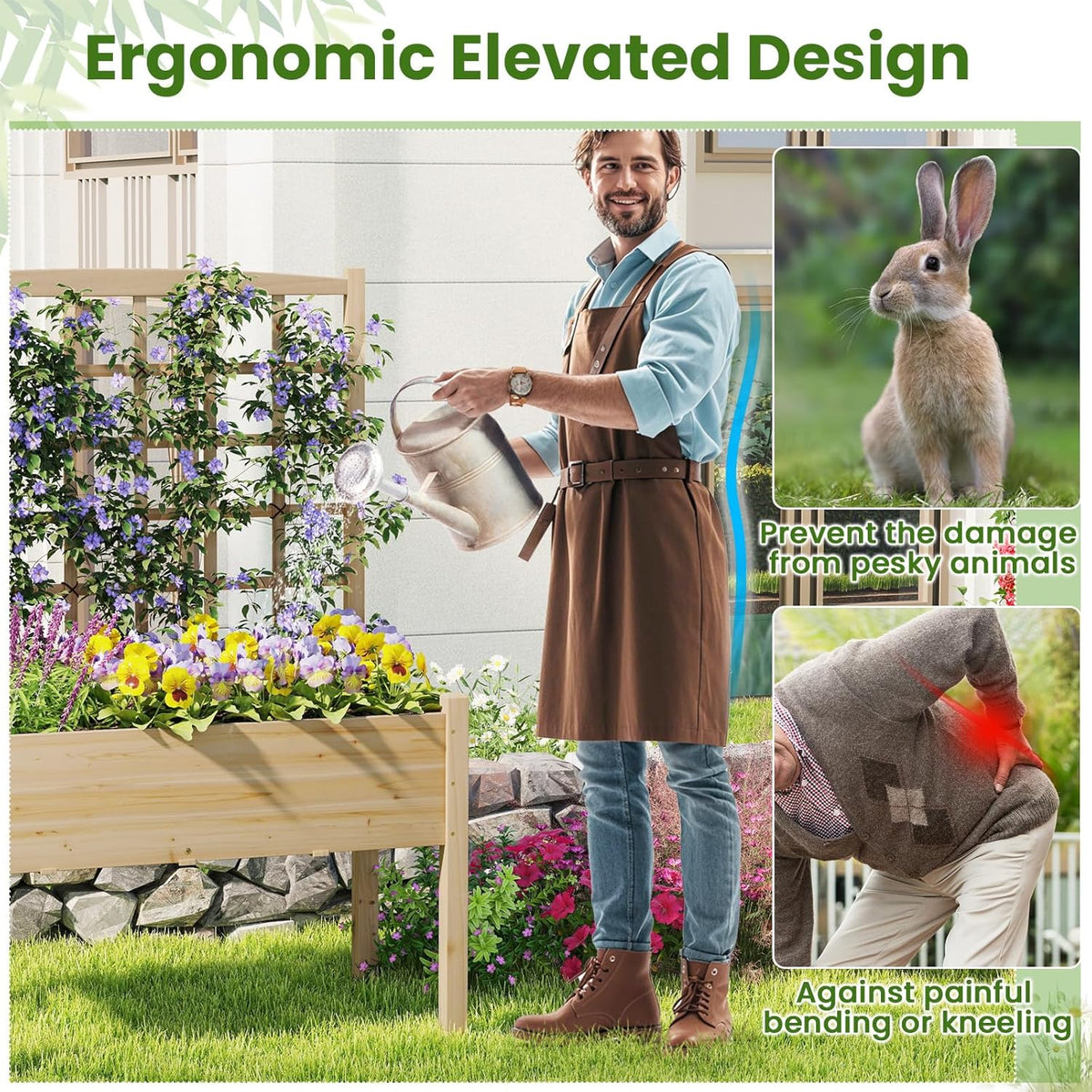 Giantex Raised Garden Bed with Trellis, Wooden Elevated Planter Box with Legs, Drainage Holes for