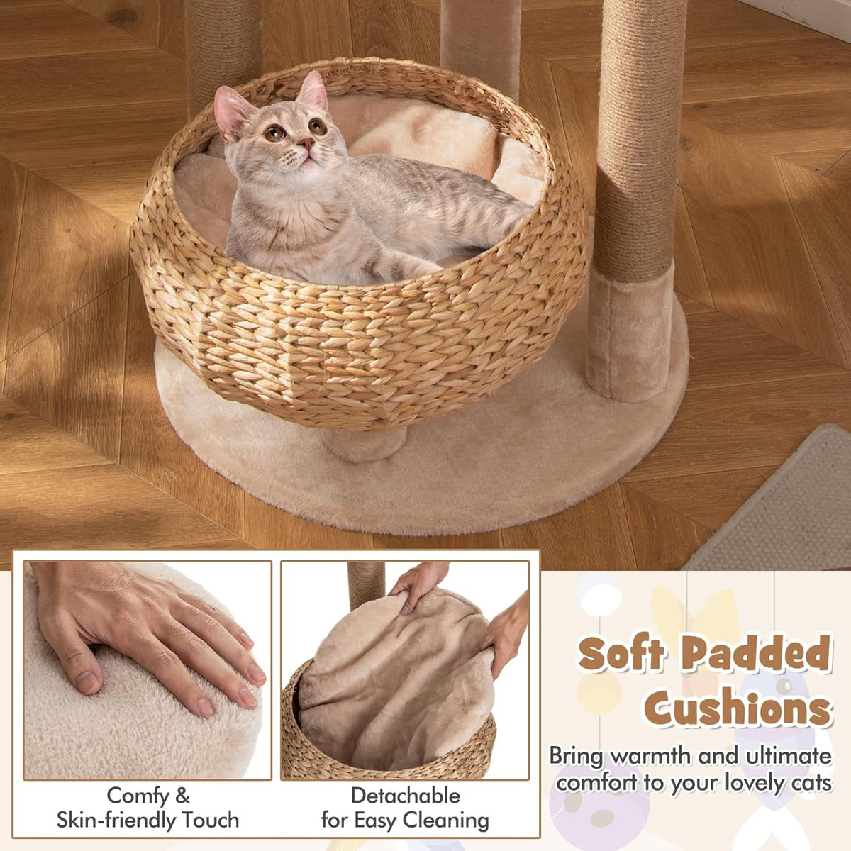 PETSITE 65 inch Cattail Cat Tree Tower, Multi-Level Cat Tower with Natural Jute Scratching Posts