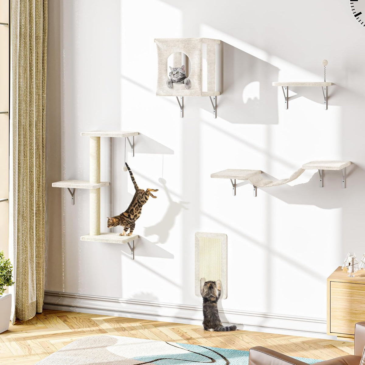 NUNU LAB Wall Mounted Cat Furniture, 5 Pcs Cat Wall Shelves with House, Bridge, Steps, Scratching