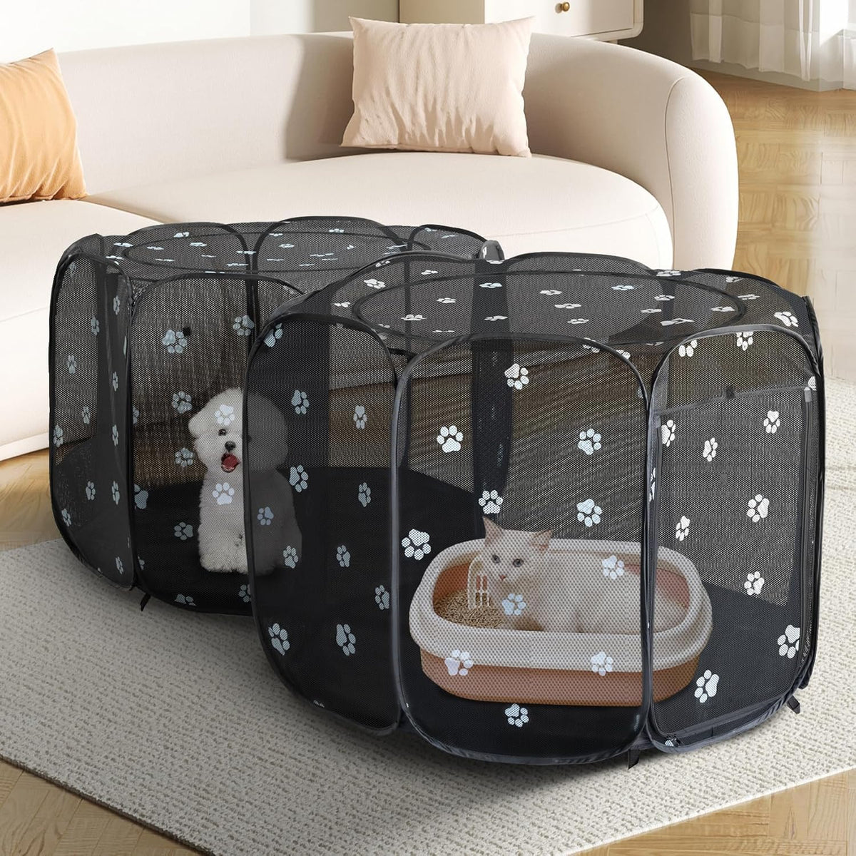 2-in-1 Cat Playpen, Pop Up Dog Pet Playpen for Indoor Outdoor Cats Enclosed, Portable Pet Playpen