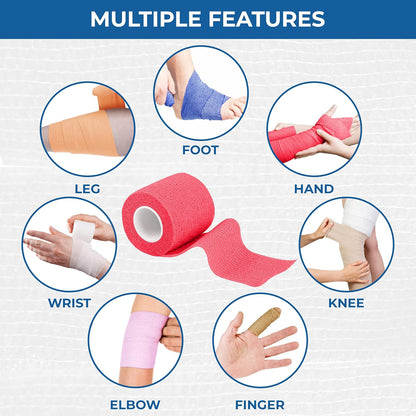 Self Adhesive Bandage Wrap - Pack of 12 Assorted Colors, Non-Woven, Breathable & Water-Resistant