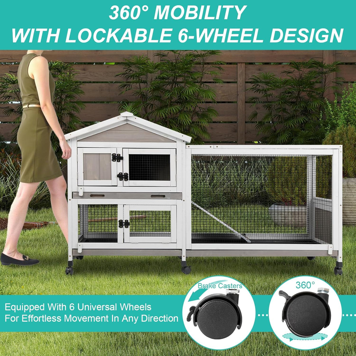 2-Tier Rabbit Hutch with Wheels, Indoor & Outdoor Small Animal Cage with Deep Pull-Out Tray