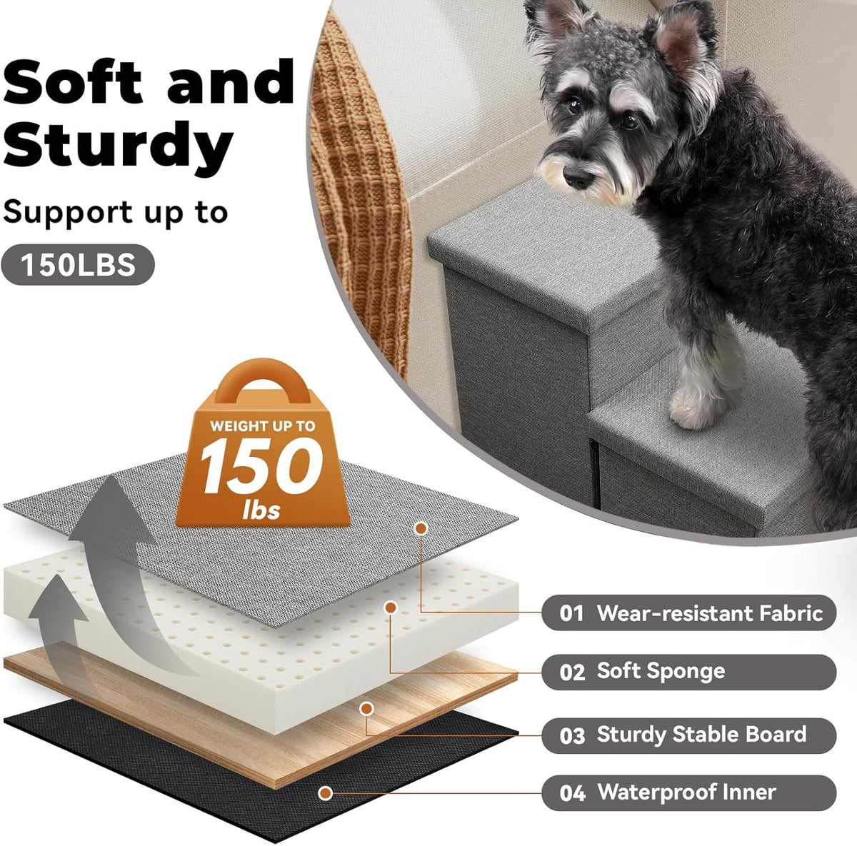 Dog Stairs with Storage 12" H, 2-Step Wider Dog Steps for Dogs Cats, Folding Sturdy Pet Stairs
