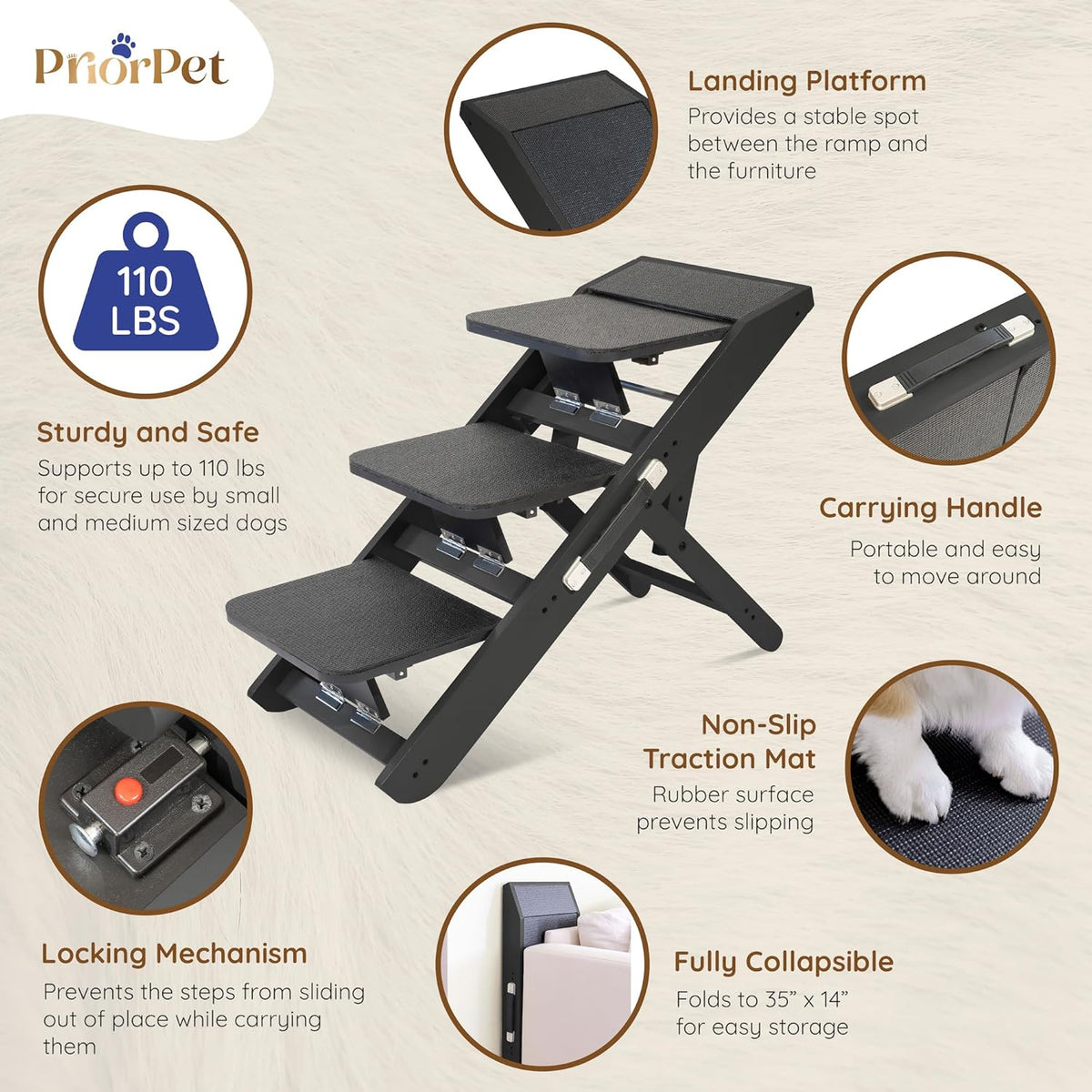 Dog Steps for Bed & Couch 2-in-1 Dog Stairs/Ramp - Height Adjustable Dog Ramp for Couch 7” - 20”