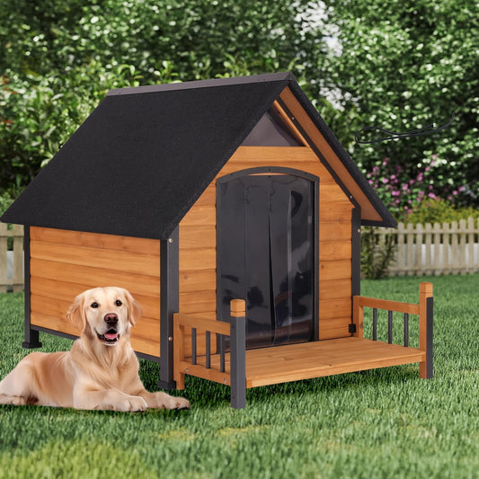 Large Dog House Outdoor Weatherproof with Porch, All-Metal Frame Chew-Proof Dog Kennel with Asphalt