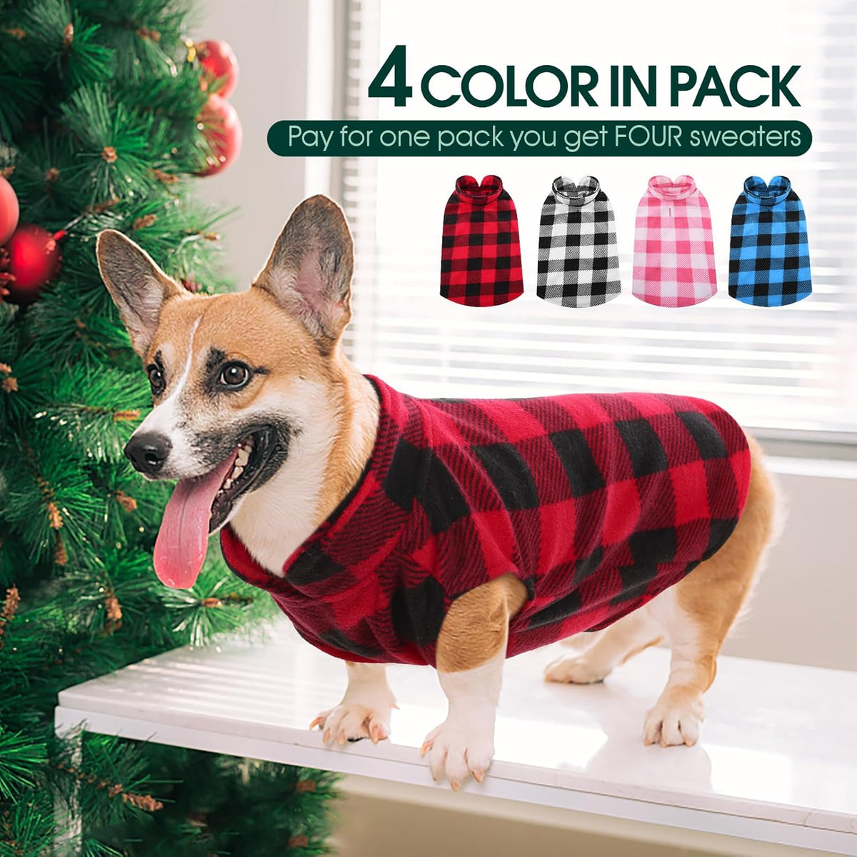 Kuoser 4 Pack Dog Fleece Vest,Warm Plaid Dog Sweater with Leash Hole,Soft Turtleneck Winter Pet