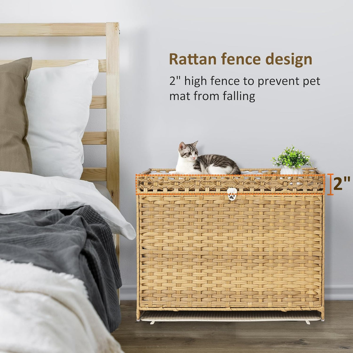 Cat Litter Box Enclosure with Soft Litter Mat; Hidden Cat Washroom Furniture with Door; Handwoven