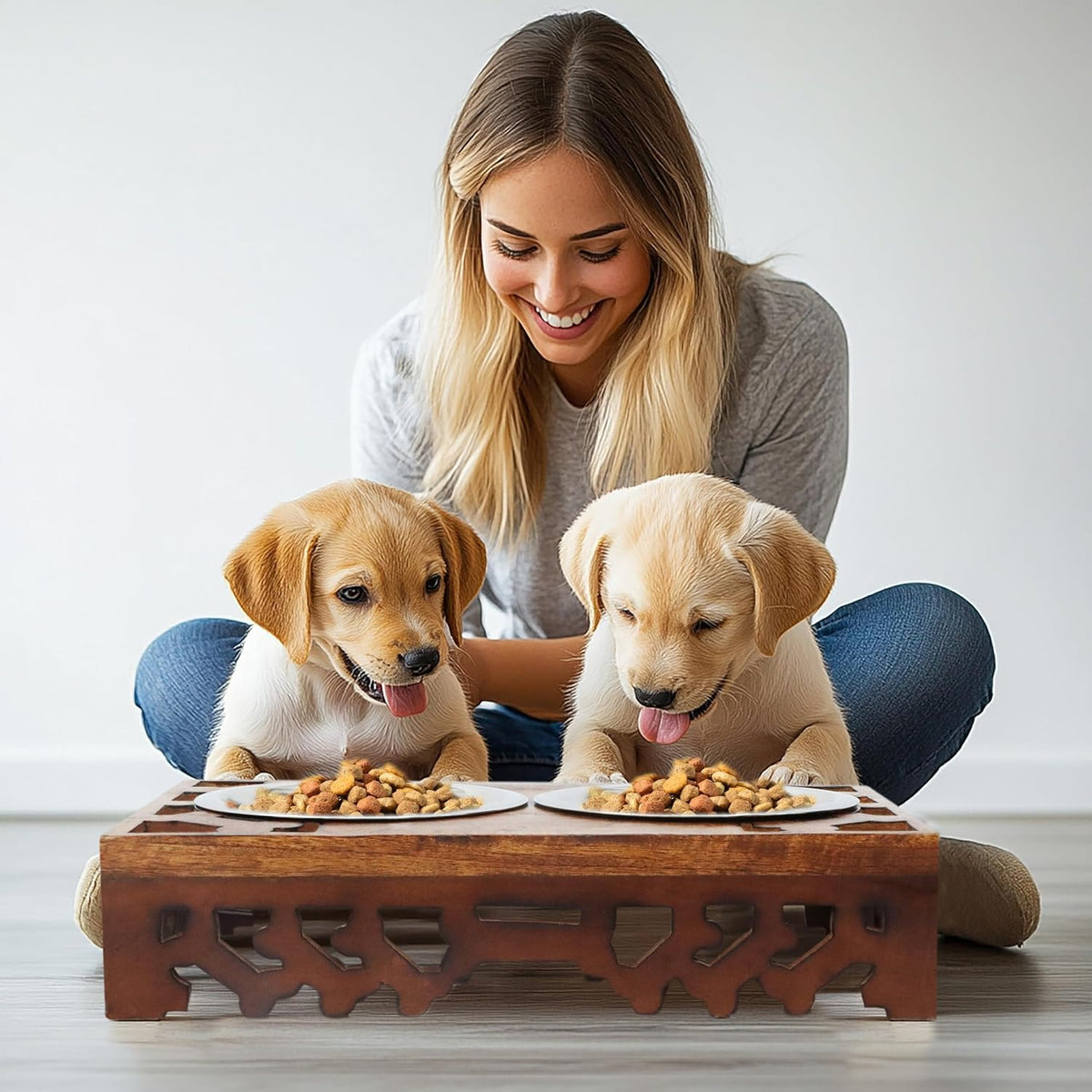 Elevated Pet Feeder for Dogs and Cats - Hand Carved Wood Bones Raised Dog Bowl Stand - Pet Feeding