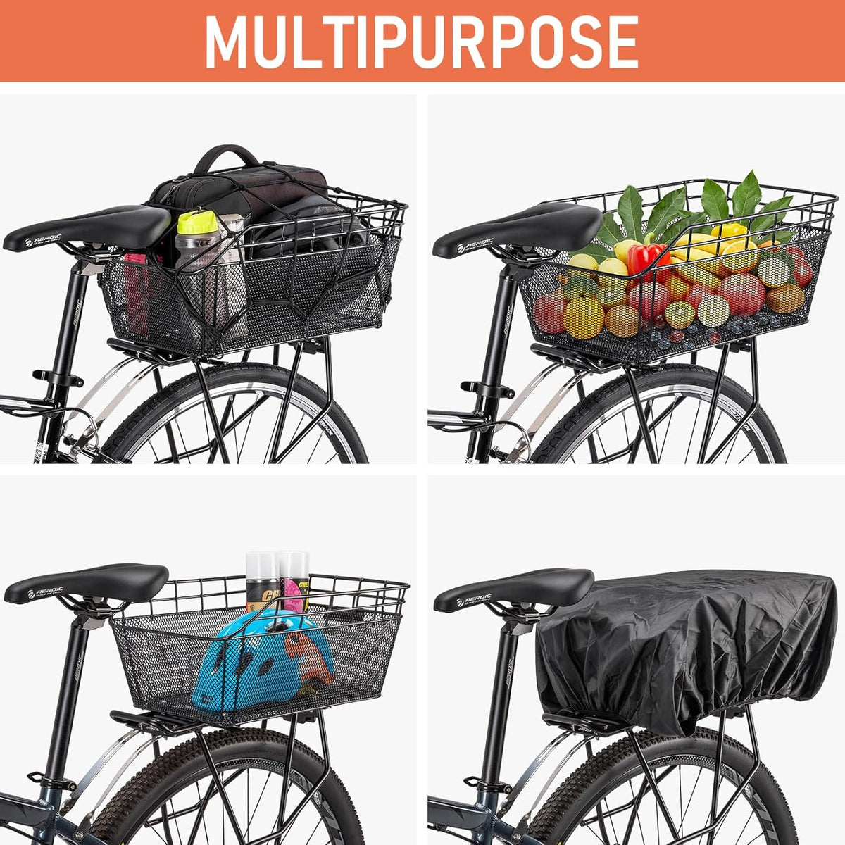 Rear Bike Basket - Large Bicycle Rear Basket with Cargo Net and Waterproof Cover, Wire Bike Baskets