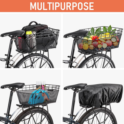 Rear Bike Basket - Large Bicycle Rear Basket with Cargo Net and Waterproof Cover, Wire Bike Baskets