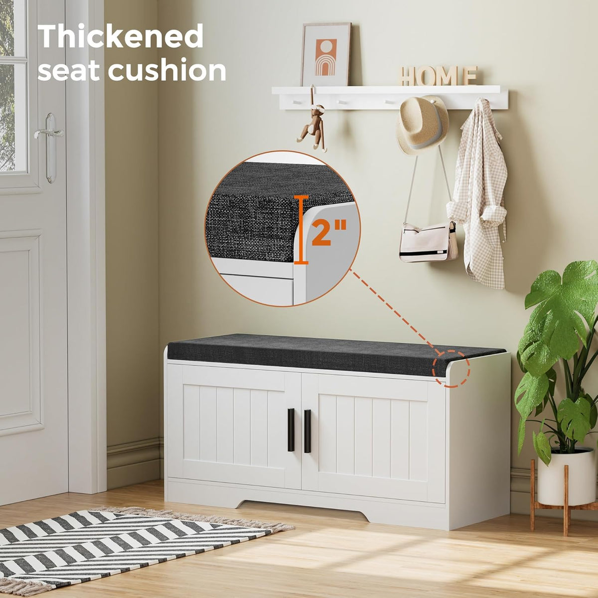2-Tier Storage Bench, Shoe Bench with Thickened Padded Seat Cushion, Entryway Bench with 2 Doors
