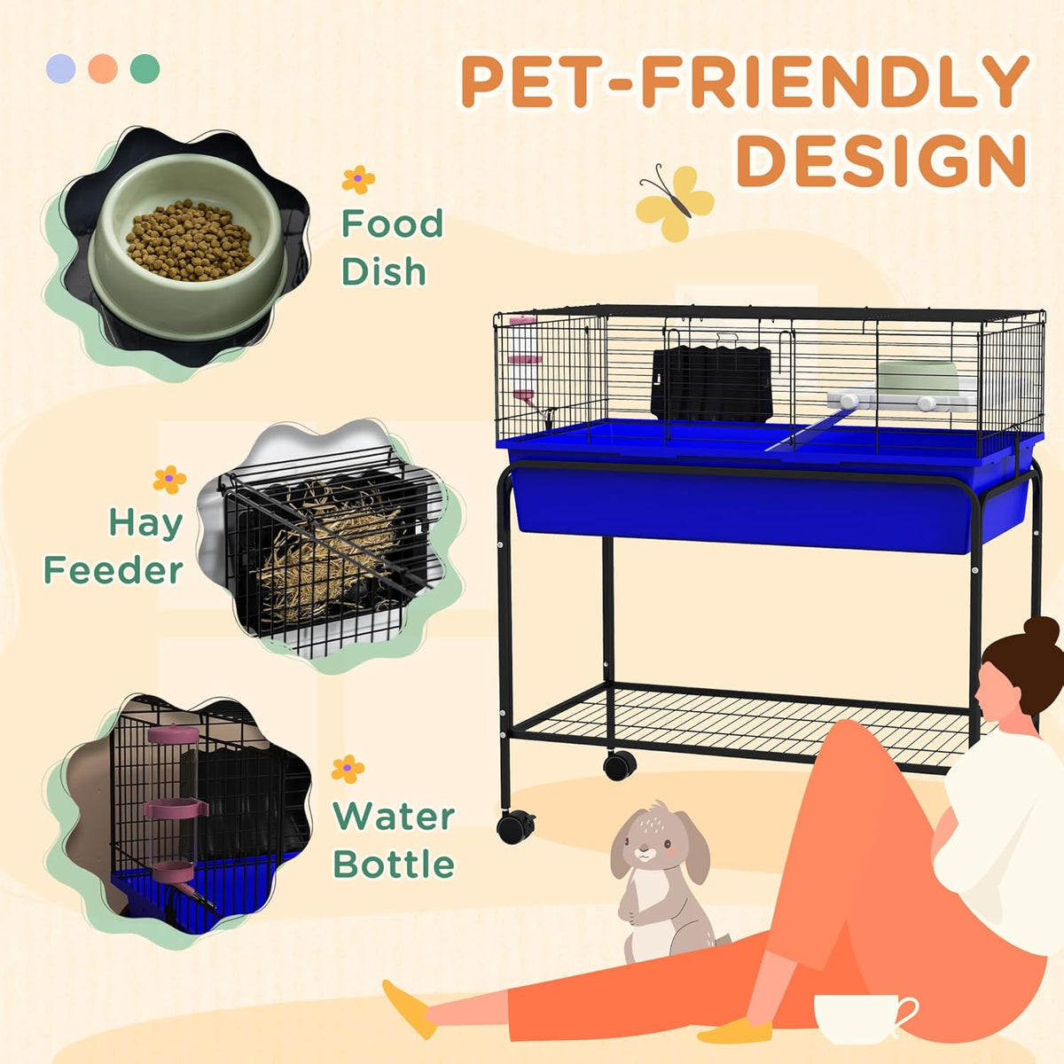 PawHut Two-Story Small Animal Cage Removable from Stand, Guinea Pig Cage with Shelf & Wheels, Pet