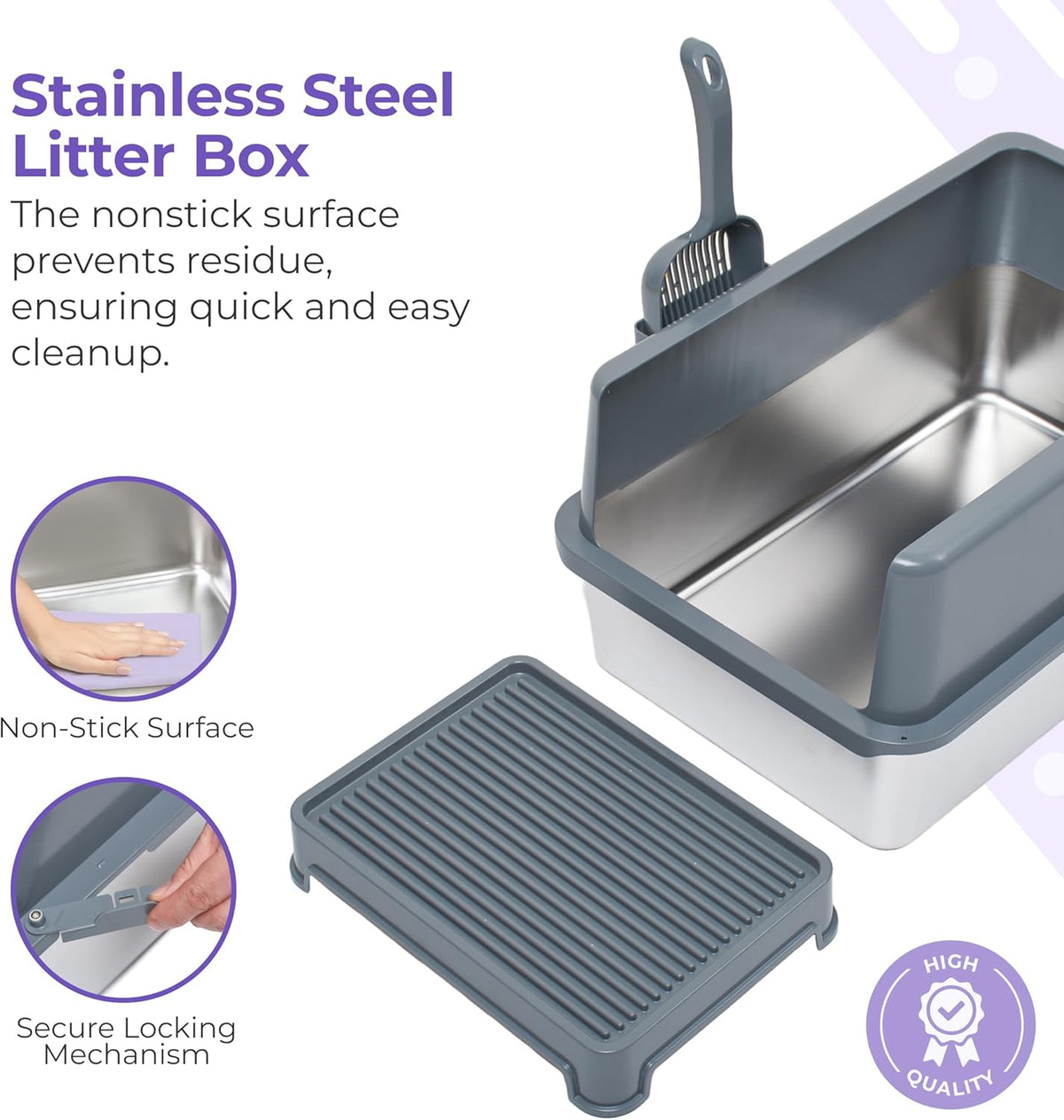iPrimio Premium Stainless Cat Litter Box for Easy Cleanup - Durable and High Sides Stainless Steel