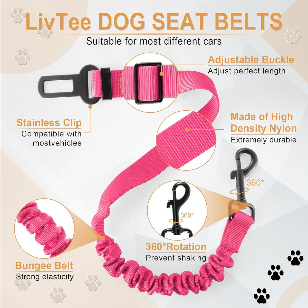 LivTee Dog Seat Belt for Car, Retractable Pet Safety Harness, Adjustable Nylon Dog Seatbelt Leash