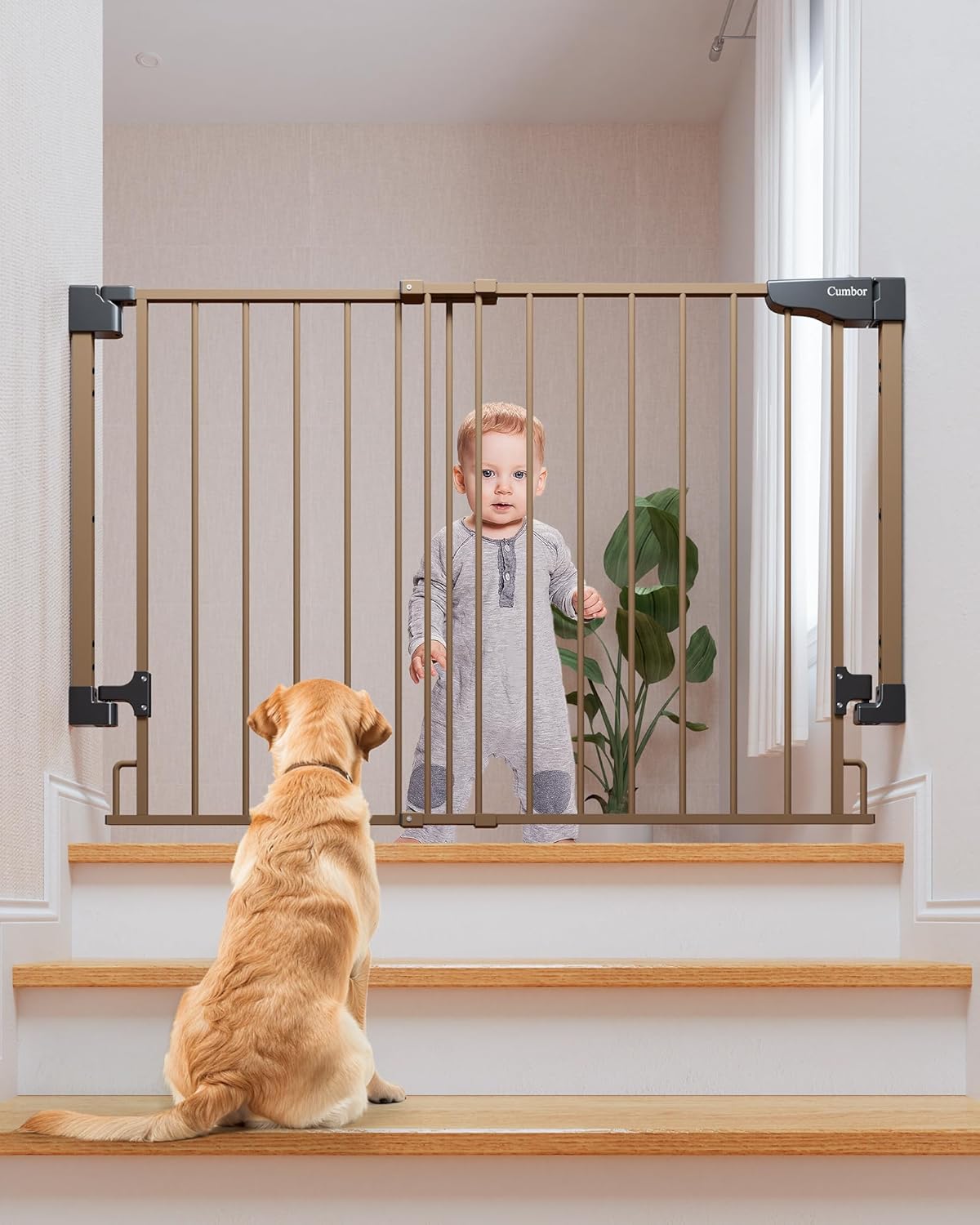 Cumbor 29.2-43" No Bottom Bar Baby Gate for Stairs, 2-in-1 Hardware Mounted Dog Gate Indoor, Pet
