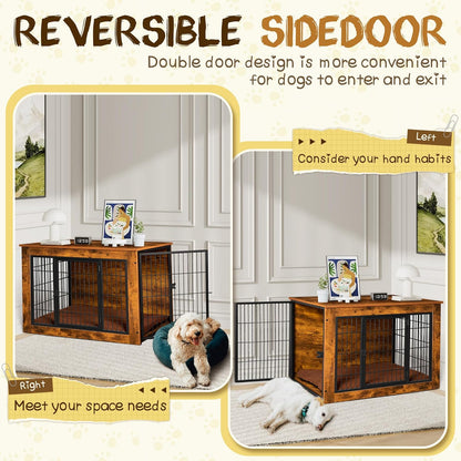 Bigrab Dog Crate Furniture with Thick Cushion, Side End Table Wooden Dog Cage with Double Doors