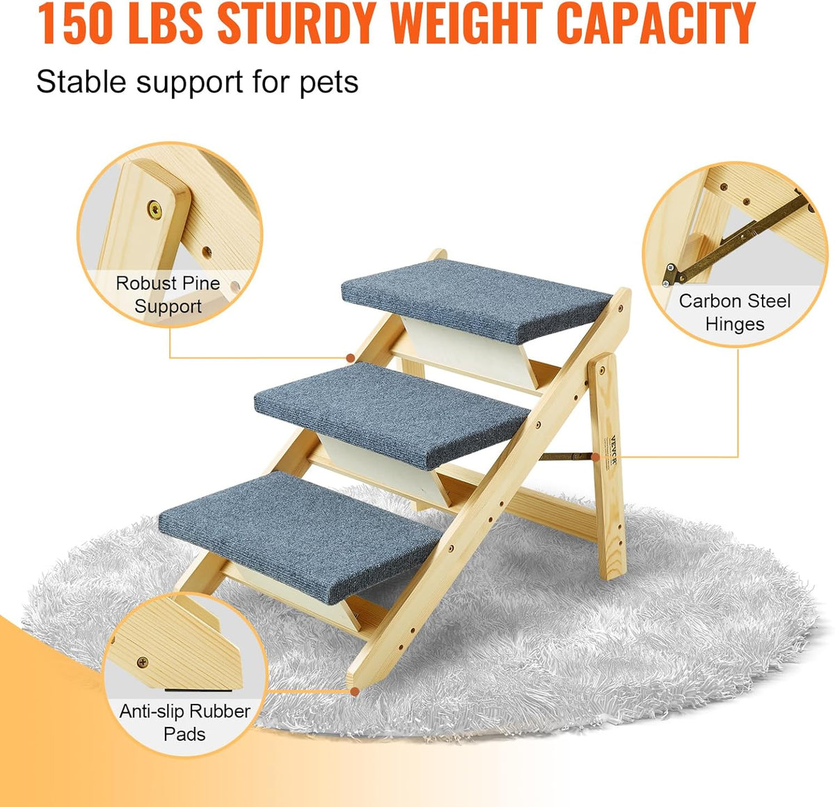 VEVOR Wood Pet Stairs/Pet Steps, 2-in-1 Foldable Wooden Dog Stair for Beds, Sofa and Cars, Dog