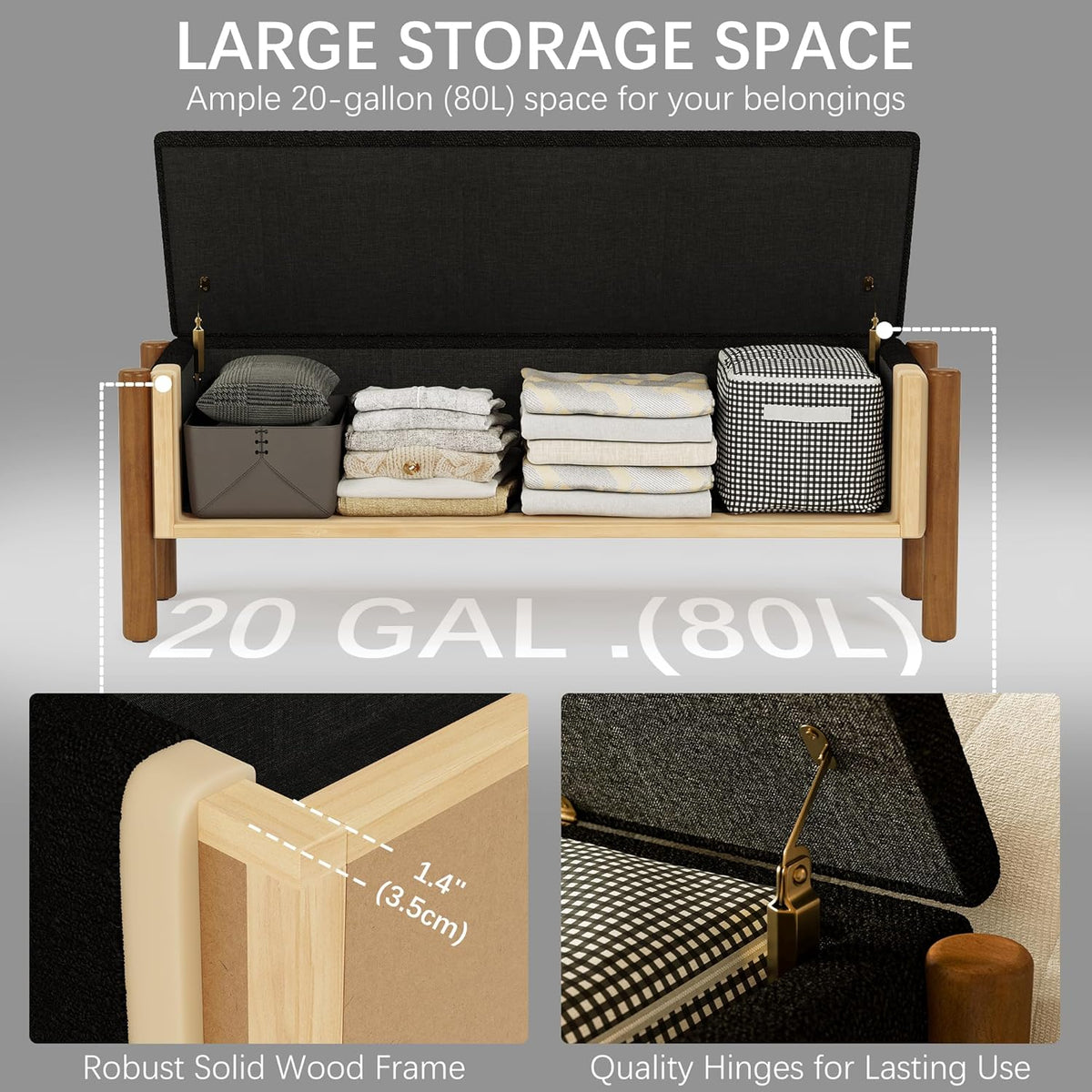 Modern Storage Benches with Walnut Wood Legs, 47'' Ottoman Bench with 20 Gallons Storage Space for