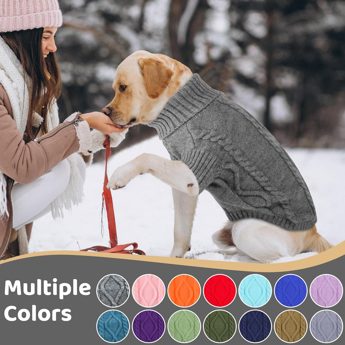 Queenmore Small Dog Pullover Sweater, Cold Weather Cable Knitwear, Classic Turtleneck Thick Warm