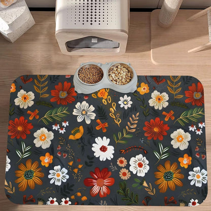 Flower Berries Dog Food Mat Absorbent Bowl Mats No Stains Quick Dry Waterproof Pet Cat Placemats