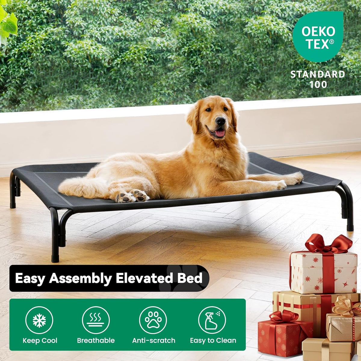 Elevated Dog Bed Raised Outdoor Dog Cot for Medium Dogs, Installation Requires No Tools, Frame with