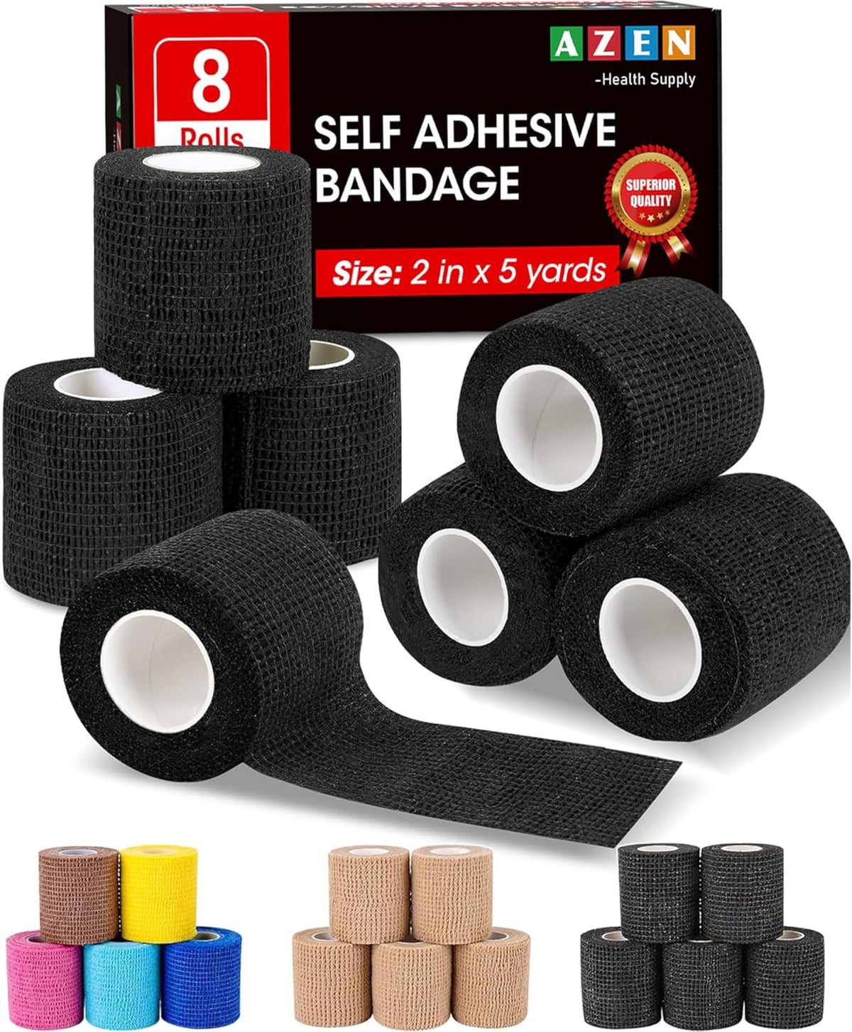 AZEN 8 Pack Self Adhesive Bandage Wrap, 2" X 5 Yards Elastic Cohesive Bandage Wrap, Black Athletic