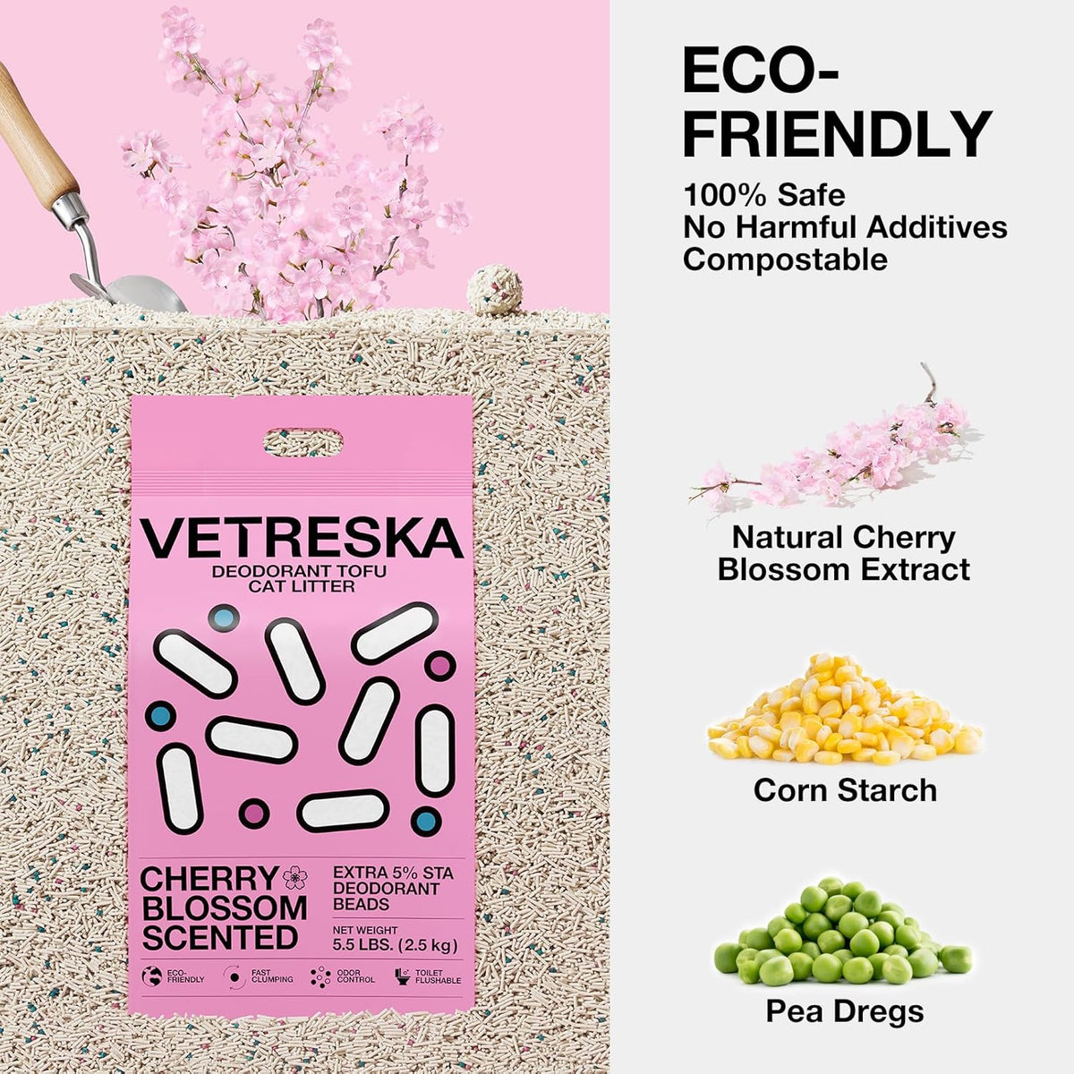 VETRESKA Cherry Blossom Tofu Cat Litter,Natural Kitty Litter Strong Clumping Flushable Cat Litter