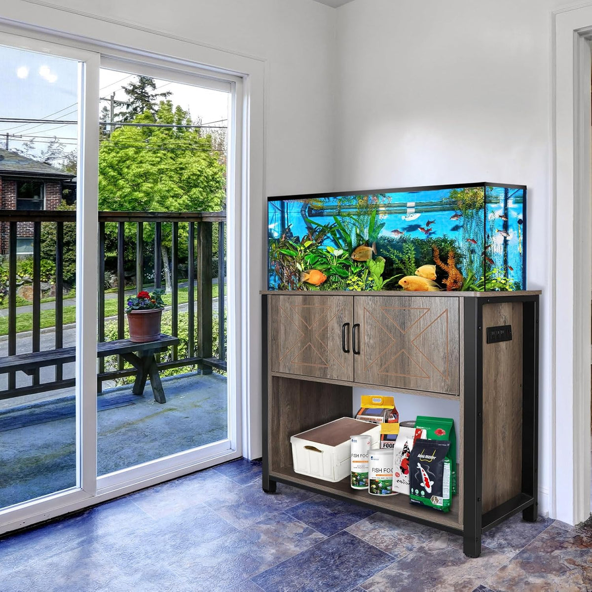 40 Gallon Aquarium Stand with Cabinet & Power Outlets, Heavy Duty Metal Stand for 40-50 Gallon
