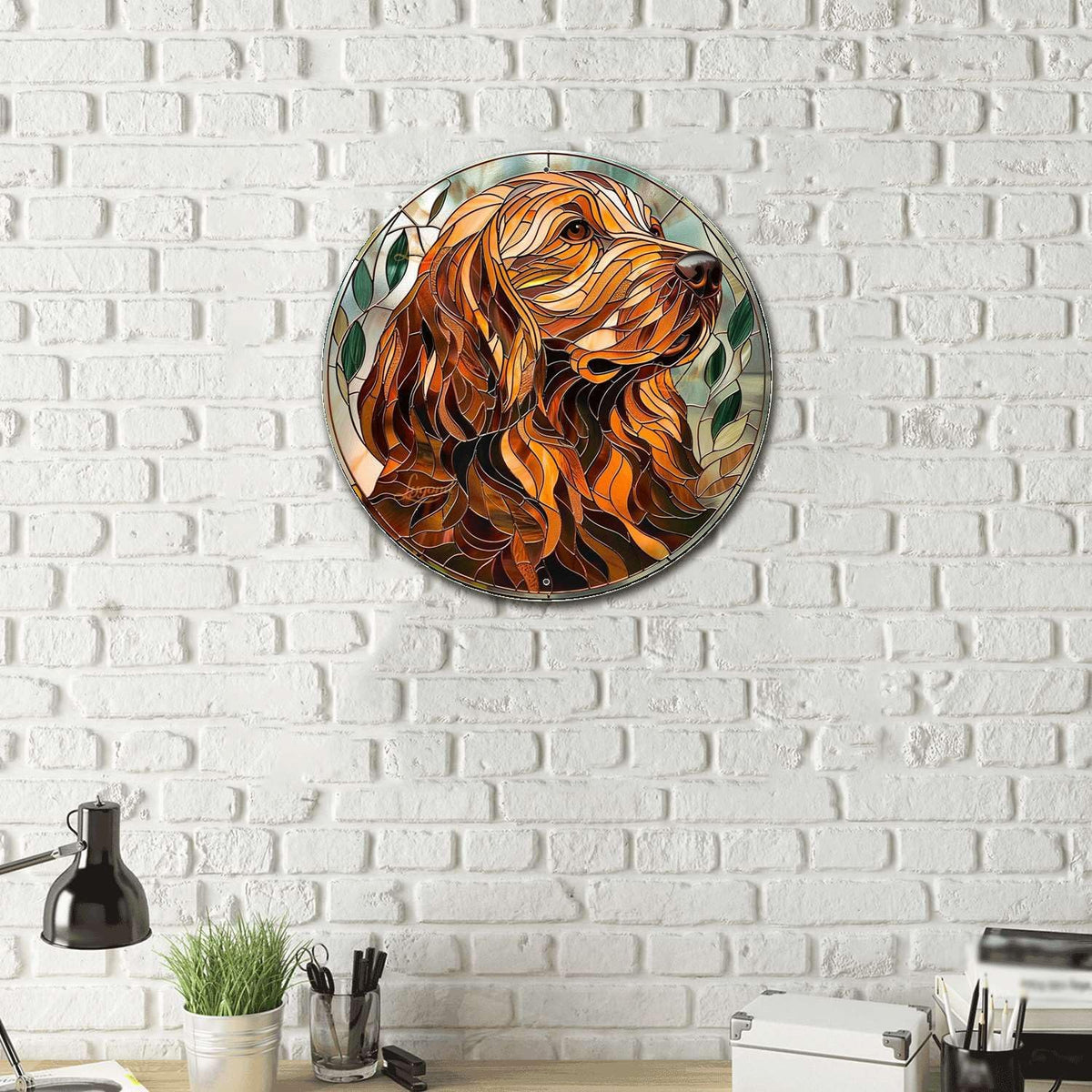 Lygond Metal Sign Tin Sign Circular Stained Glass Dog Funny Gardening Gift for Patio 12×12 Inches