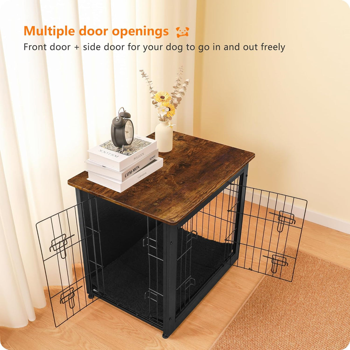 DWANTON Dog Crate Furniture with Cushion, Wooden Kennel Table with Double Doors, Indoor Dog House