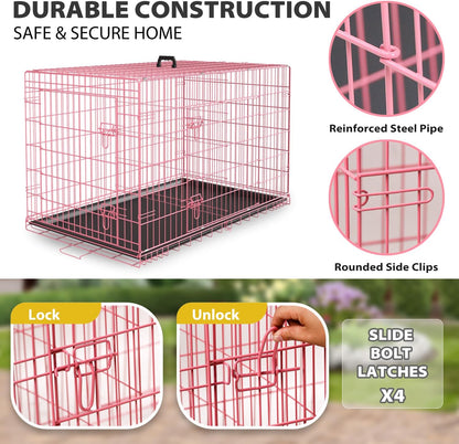 BestPet | Dog Crate | 48" | Pink | Foldable Metal Kennel with Double Doors, Secure Slide-Bolt