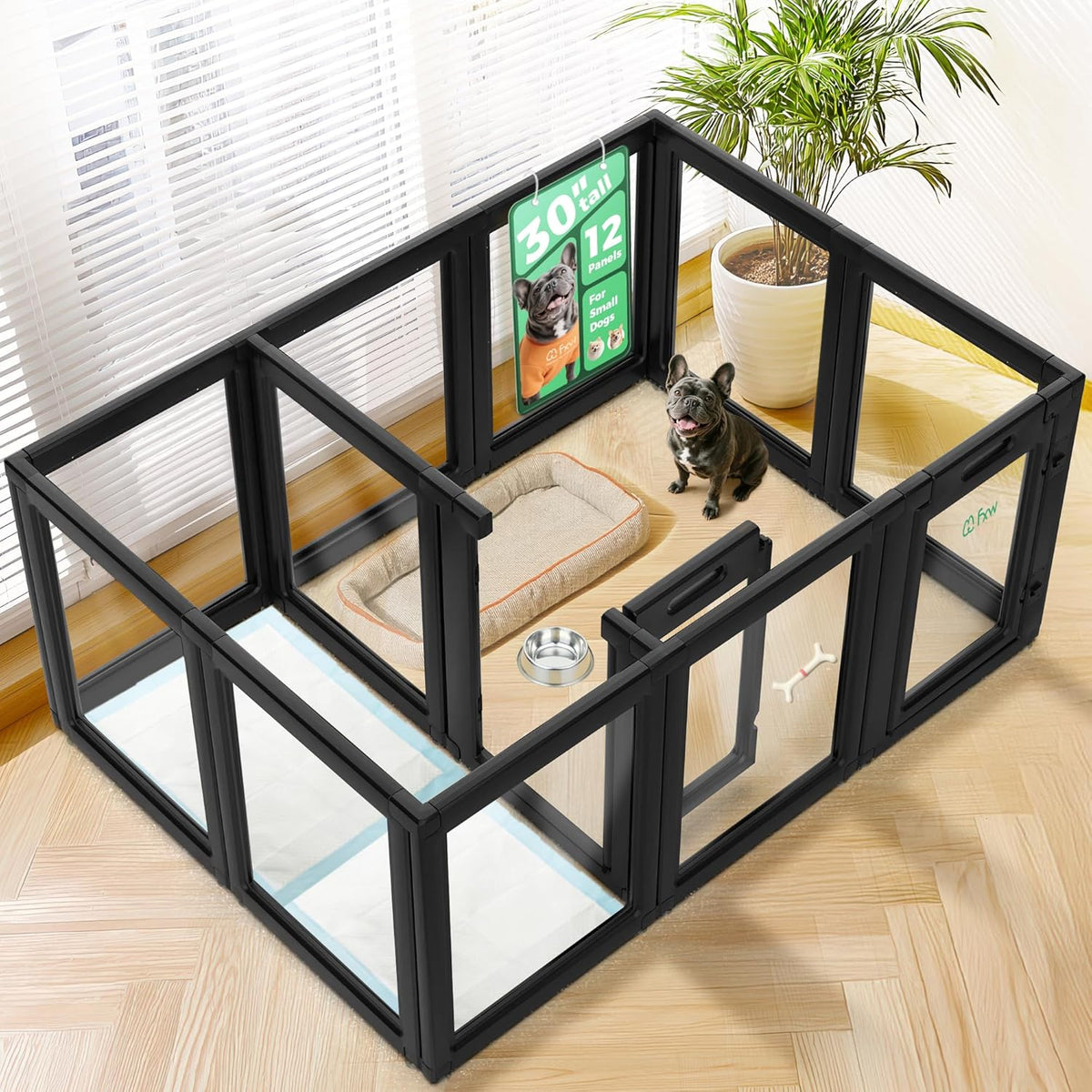FXW AuraSpace Acrylic Indoor Unleashed Dog Playpen for Small and Medium Dogs, 30 Inch, 12 Panels