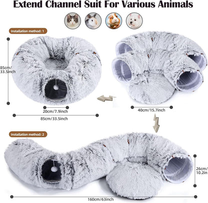 Odoland Cat Tunnel Bed with 20 Cat Toys - Indoor Plush Kitten Couch, Detachable Cats Cave Donut