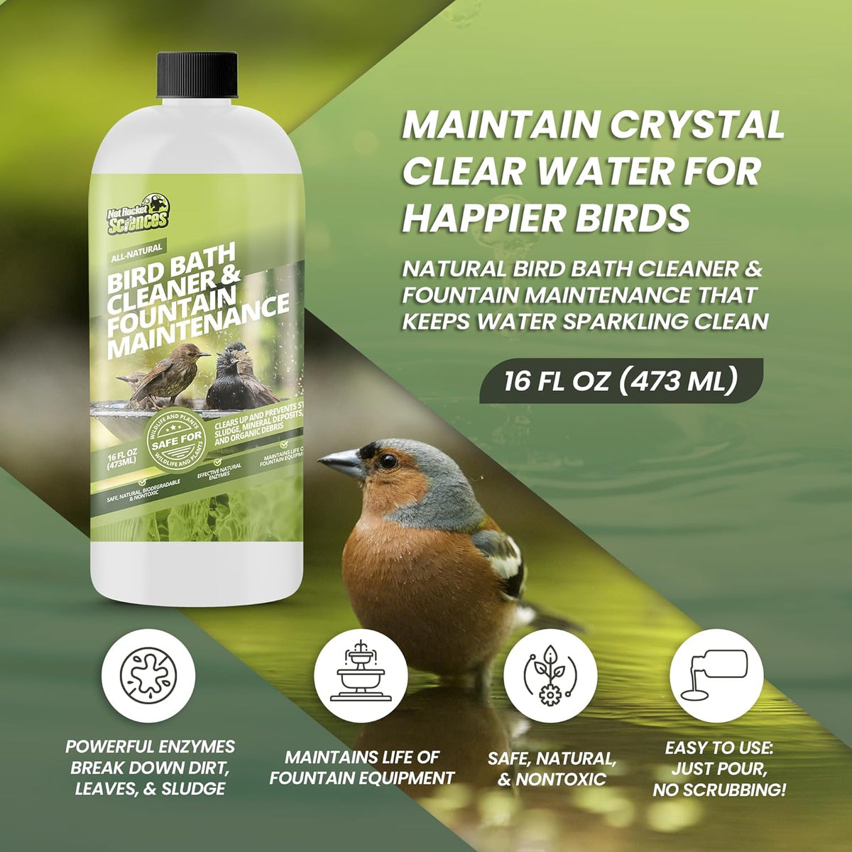 16oz Bird Bath Cleaner, Cleans 80 Gallons of Water, Ideal Fountain Cleaner Safe for Birds, Bird