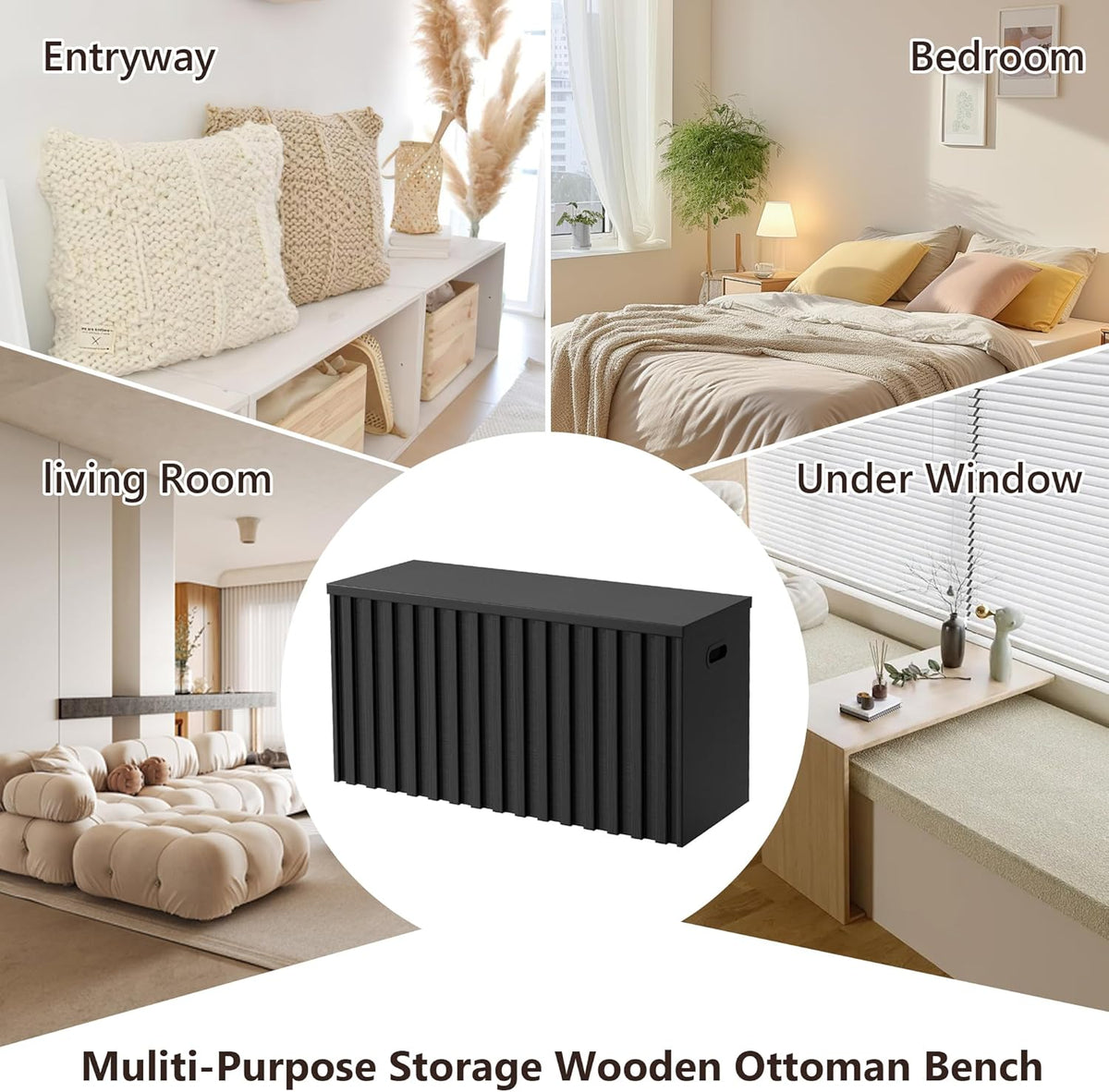 UEV Black Storage Bench Set of 2, 39.4" Fluted Wood Storage Trunk with 2 Safety Hinges, Sturdy