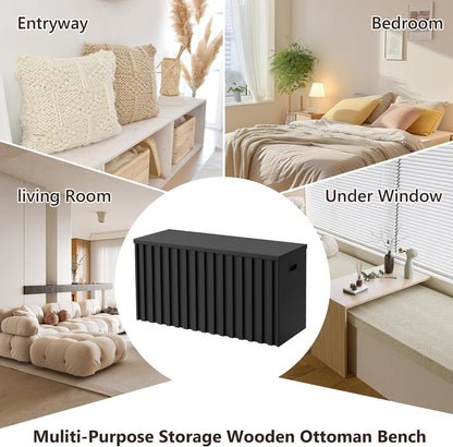 UEV Black Storage Bench Set of 2, 39.4" Fluted Wood Storage Trunk with 2 Safety Hinges, Sturdy