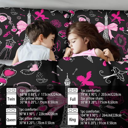 Eiffel Tower Comforter Set Twin Size,Eiffel Tower Bedding Set for Girls, Pink and Black Paris