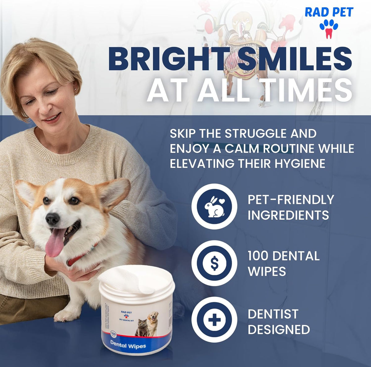 Rad Health Dog Dental Wipes - 100ct Pet Dental Finger Wipes, Easy No-Brush Teeth Cleaning, Removes