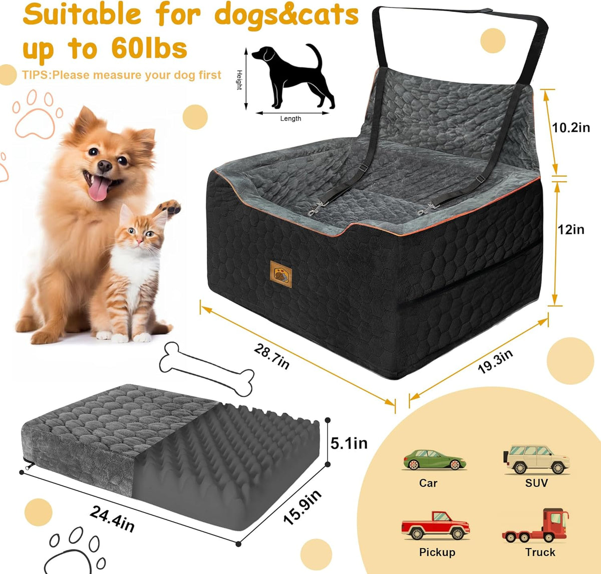Dog Car Seat for Medium/Large Dog Booster Seat for Dogs Under 60 lbs or 2 Small Dogs