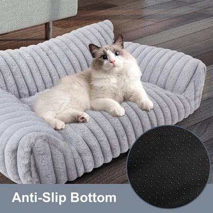 Cute Cat Couch Bed for Indoor Cats, Fluffy Pet Cat Sofa with Premium Soft Corduroy Fleece, Cute