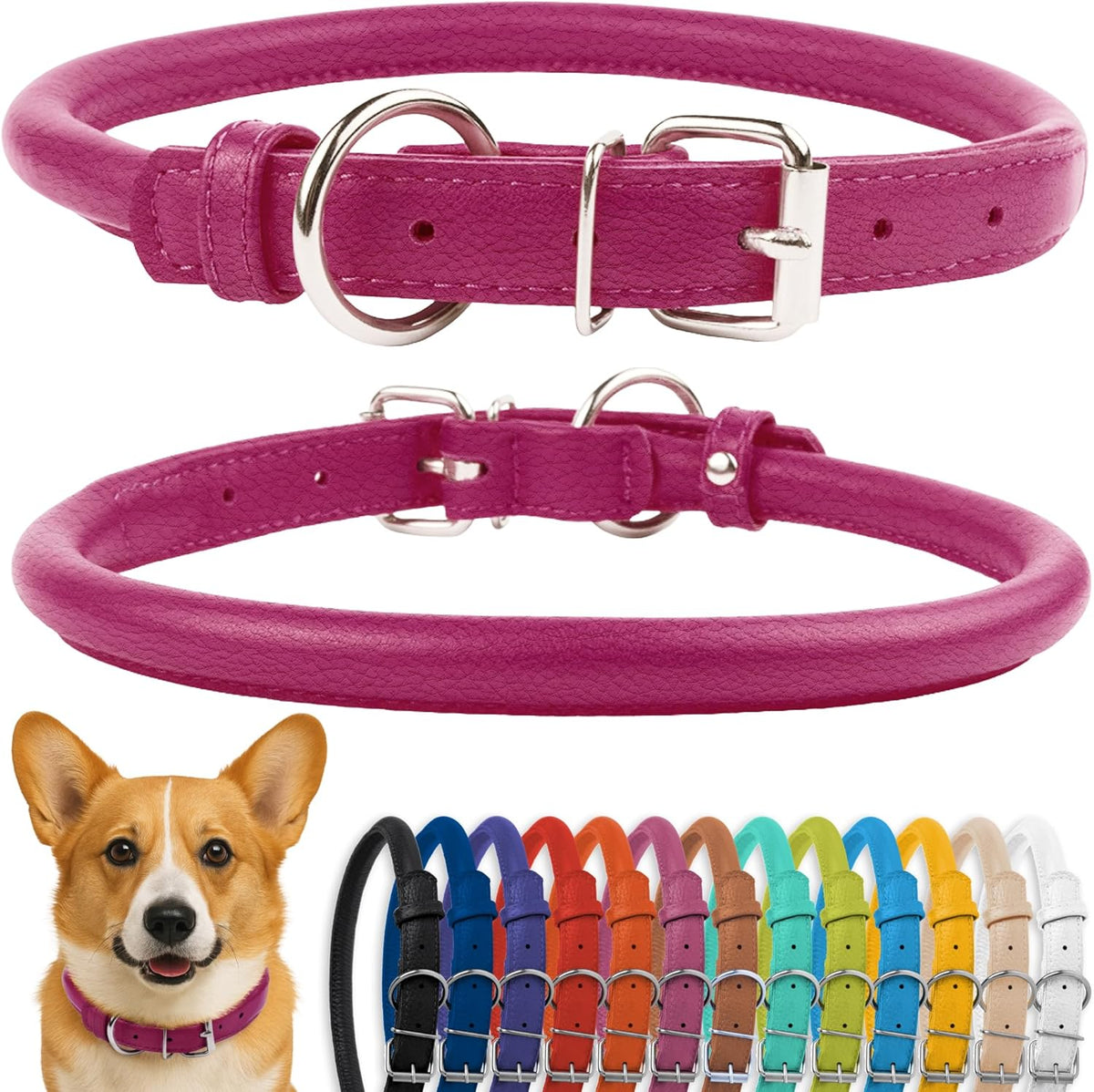 CollarDirect Rolled Leather Dog Collar, Soft Padded Round Puppy Collar, Handmade Genuine Leather