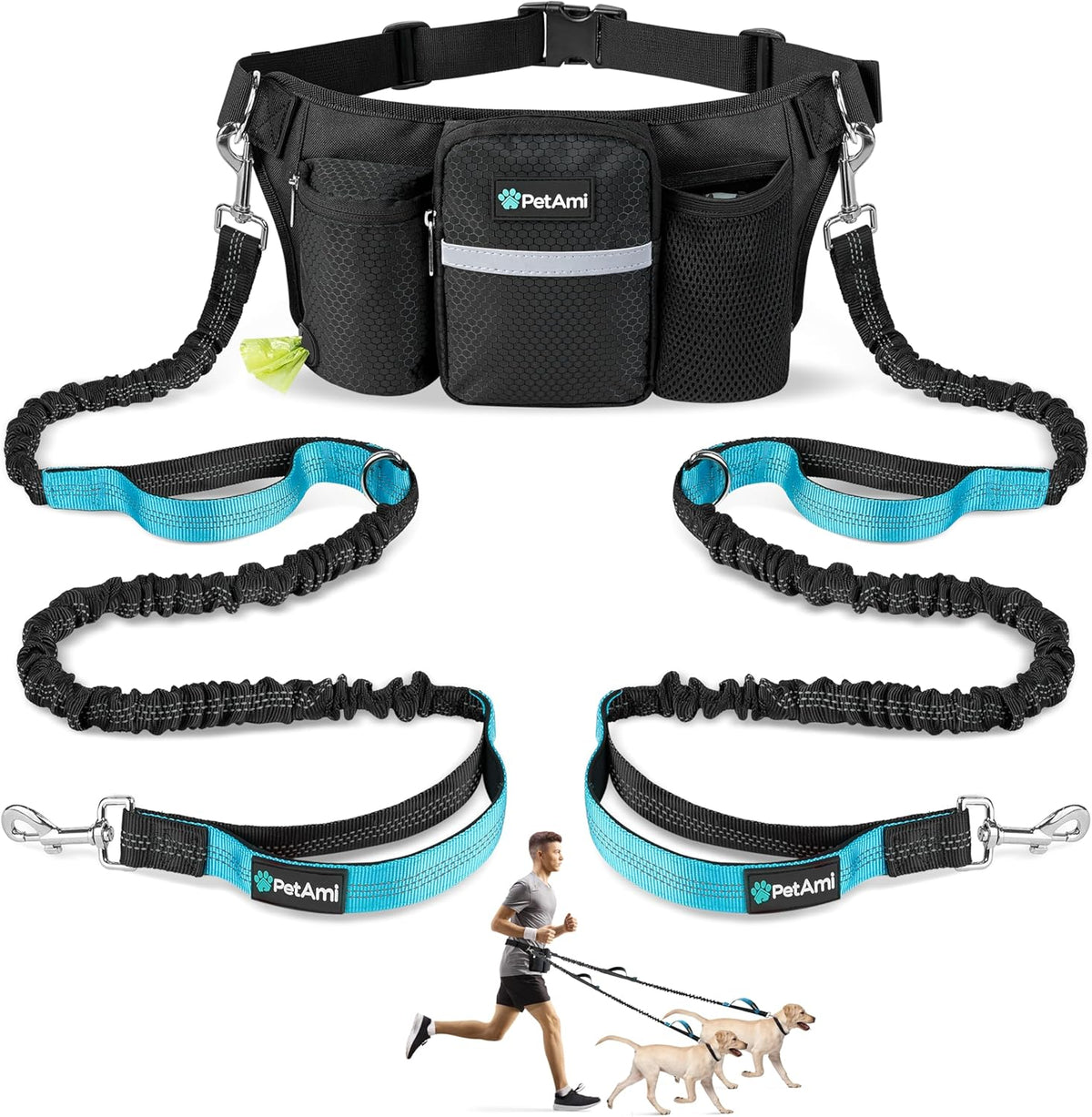 PetAmi Premium Hands Free Dog Leash for 2 Dogs, Adjustable Waist Belt Leash for Dog Walking, Fanny