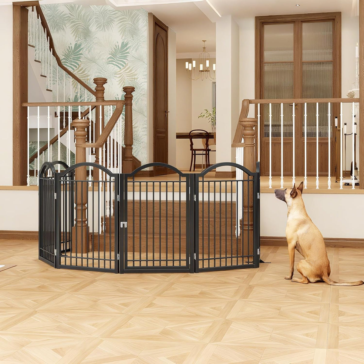 BHG Metal No-Assembly Freestanding Dog Gate with Door Walk Through, Extra Wide 144", Extra Tall 32"