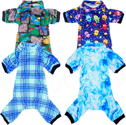 PET SHOW 4 Pack Small Dog Pajamas Cute Dinosaur Monster Clothes for Medium Dogs Soft Stretchy PJs