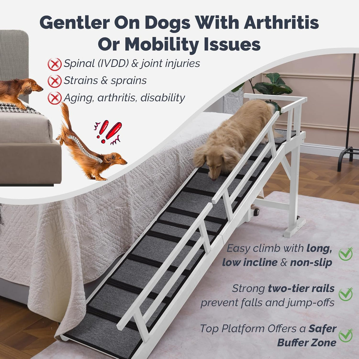 Dog Ramp for Bed or Couch, Wooden Pet Ramp with 20° Gentle Slope, Removable Side Rails, Non-Slip