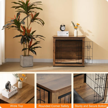 DWANTON Dog Crate Furniture with Cushion, Wooden Kennel Table with Double Doors, Indoor Dog House